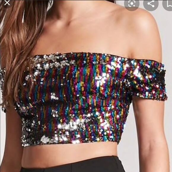 Forever 21 Multicolor/Silver Sequin Off the Shoulder Crop Top, S - Picture 5 of 9